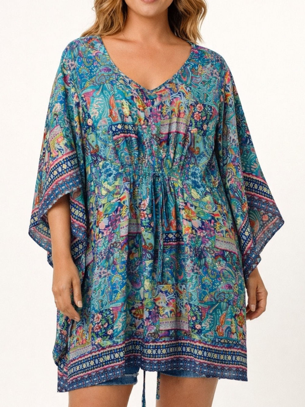 Boho Patchwork Tunic Coverup Kimono Sleeve Tie Waist Resortwear Kanha Exports‎
